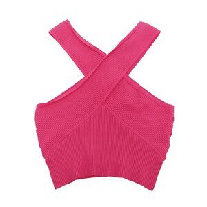 House Of Harlow 1960 Womens Pink Ribbed Knit Crisscross Back Crop Top Medium.